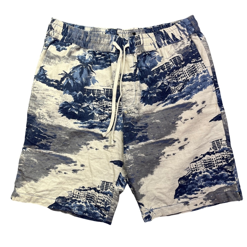 Linen Blend Shorts Elastic Waist Tropical Print Casual Mens Fits 30" Beach Boho